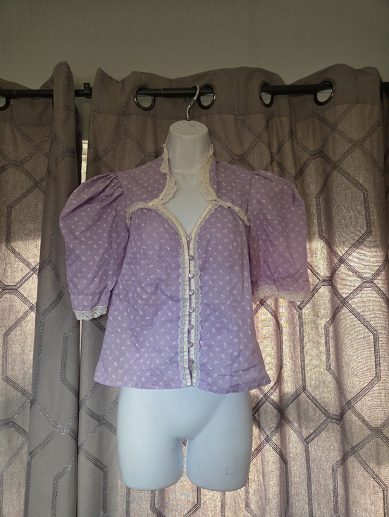 Vintage Tops - Vintage 70s Purple Floral Puff Sleeve Button Up Blouse Shirt S